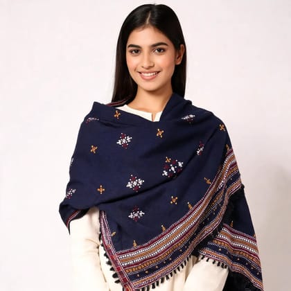 Navy Blue Woolen Geometric Shawl For Women