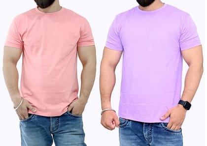 Tru Threads Solid Premium T-Shirt 2 Pcs Combo - Peach, Lavender (Size - L)