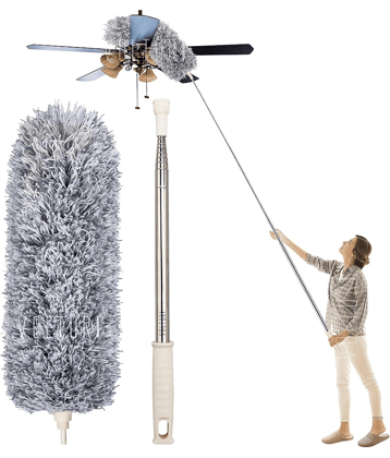 Microfiber Long Feather Duster- Bendable & Detachable Fan Cleaning Duster with 100 inches Expandable Pole Handle, Washable, Stainless Steel Handle for Ceiling, Wall, Window Blinds, Furniture