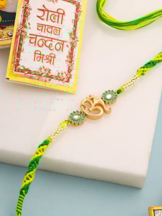 NVR Men Green Kundan Studded Om Design Thread Rakhi with Roli Chawal Chandan & Mishri-One Size / Green