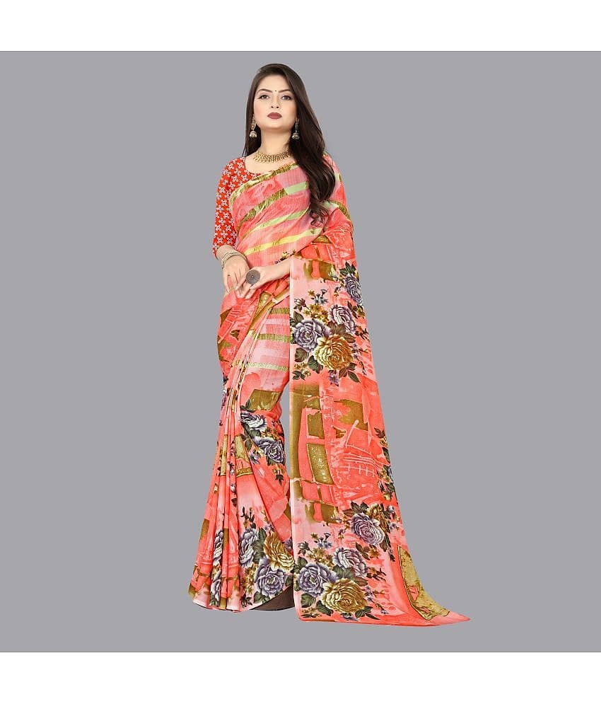 ANAND SAREES Georgette Printed Saree With Unstitched Blouse Piece ( Orange )