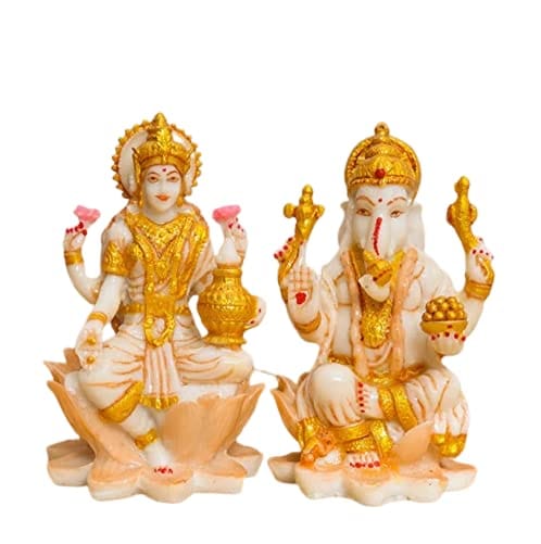 Ganesh Ji & Laxmi Ji Marble Dust Murti for Car Dashboard, Pooja Room, God Idols, Home Temple Decor Idols (Size: 3 Inches).