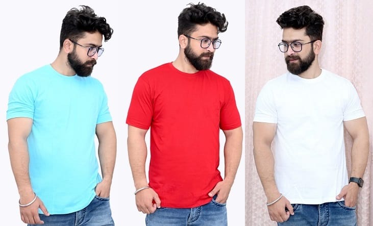 Tru Threads Solid Premium T-Shirt 3 Pcs Combo - White, Red, Cyan (Size-M)