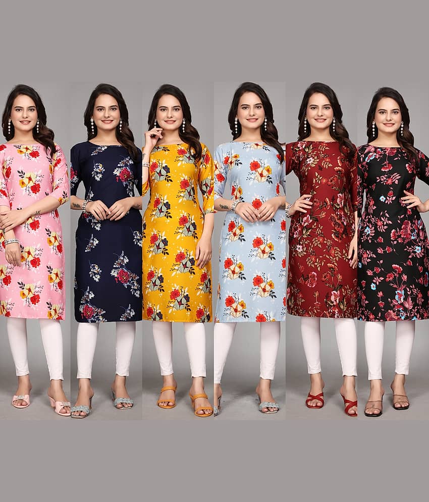 KALAVRITTA Pack of 6 Crepe Printed Straight Women's Kurti - ( Multicoloured )