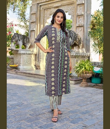 VIBE VISION Cotton Blend Printed Kurti With Pants Women's Stitched Salwar Suit - Grey ( Pack of 1 )