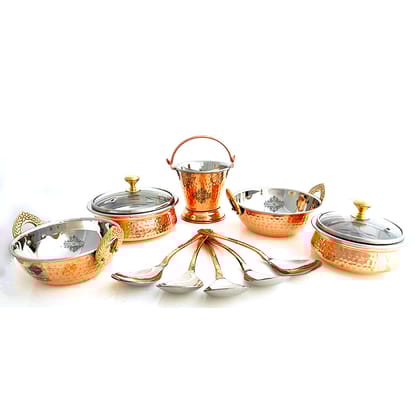 Set of S/C D/W Hammered,Handi No.1,2 with Glass Lid,Kadhai No.1,2Bucket No.1,Serving Spoon x5,12 Pieces