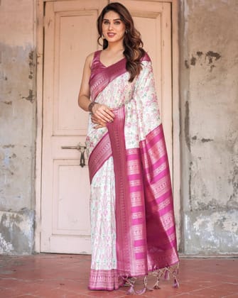 Off-White Banarasi Silk Saree with Pink Ikat Design and Zari Border-Regular
