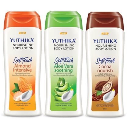 Yuthika Nourishing Body Lotion, Long Lasting, Non Greasy Bodylotion 300ml Pack of 3 (Almond, Aloe Vera & Cocoa Nourish)