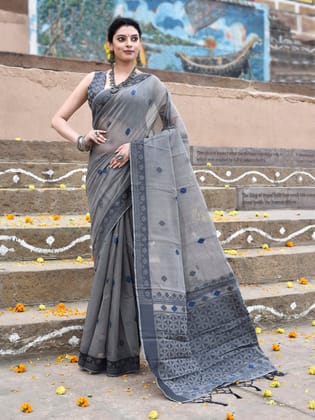 Grey Handloom Cotton Butti Weaving Saree