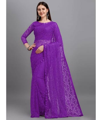 VANRAJ CREATION Net Self Design Saree With Unstitched Blouse Piece ( Purple )