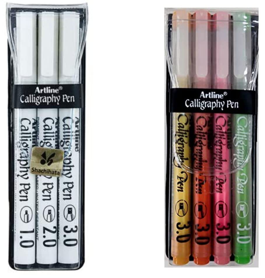 Artline Premium Calligraphy Pens Set - 3 White Barrel Pens & 4 Warm Pastel Markers in Vinyl Wallet