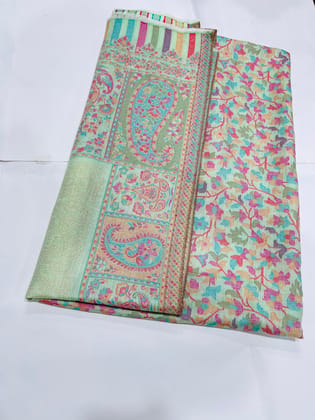 Floral Paisley Print Shawl, Mint Green with Multicolour Border, Traditional Design Floral Paisley Print Shawl, Mint Green with Multicolour Border, Traditional Design