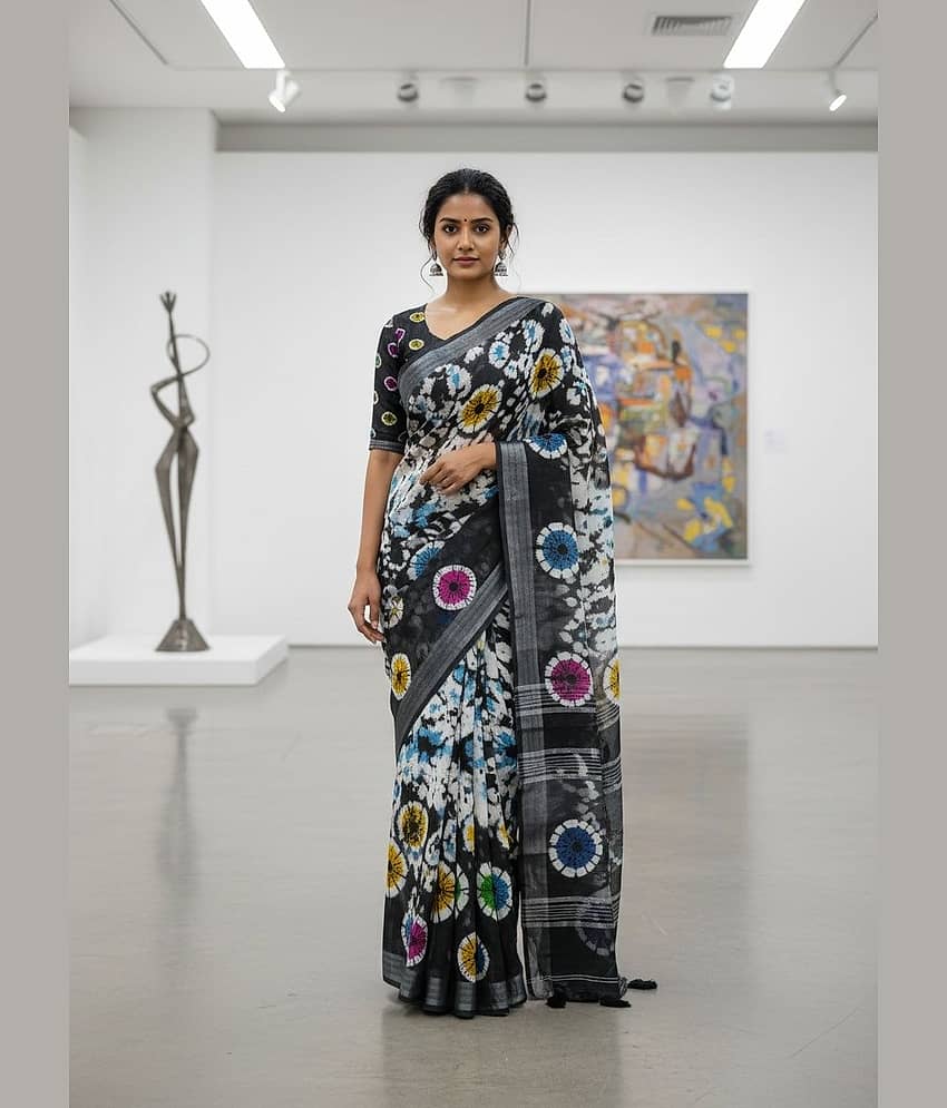 HEMA SILK MILLS Linen Printed Regular Saree With Unstitched Blouse Piece ( Black )