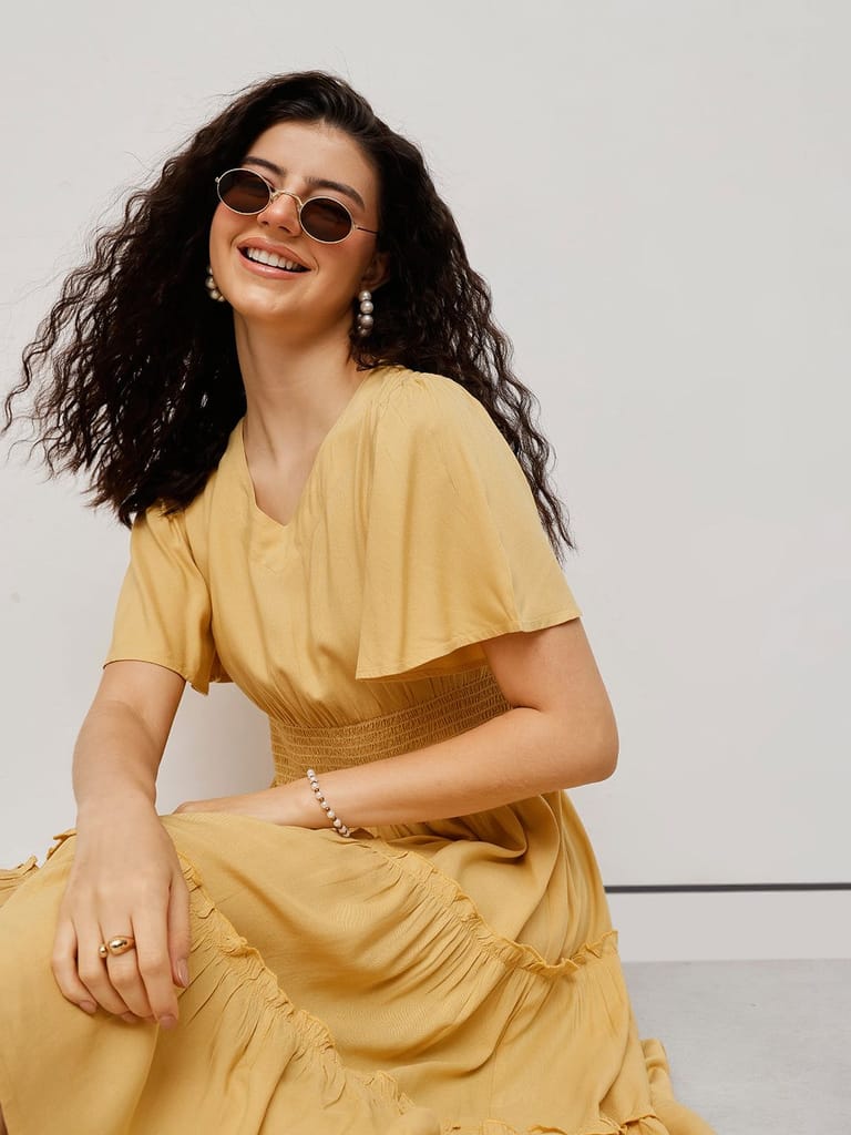 Flounce Midi Summer Dress Yellow