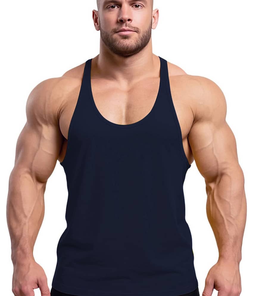 THE BLAZZE Blue Cotton Blend Regular Fit Men Gym Tank Top