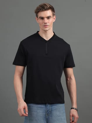 Zipper Polo T-Shirt, 100% Cotton-S / Black