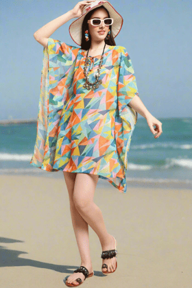 Multi Color Geometric Printed Georgette Beachwear Kaftan For Women-S