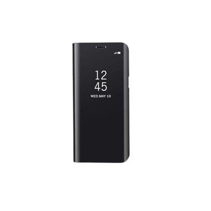 Compatiable with Reelme Narzzo 30a Clear View Electroplate Mirror Flip Case with Protective Glass Cover, Stylish Polycarbonate Design for Ultimate Protection and Sleek Functionality (Black)