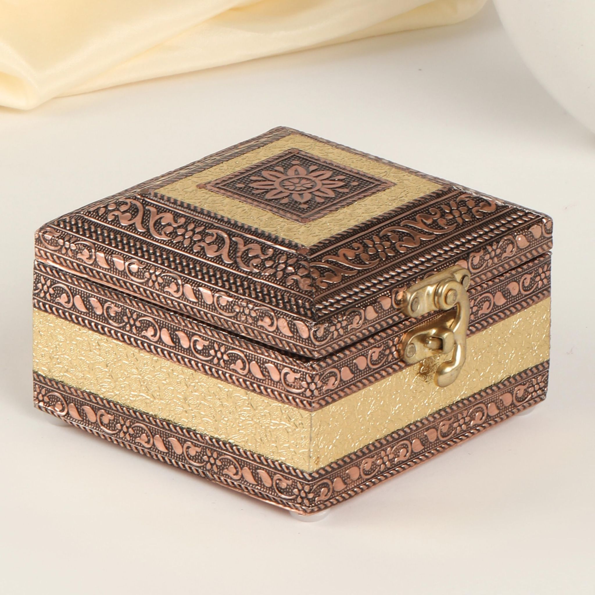 NAVRANG Wooden Meenakari Square Jewellery Storage Box Golden Trinket Box