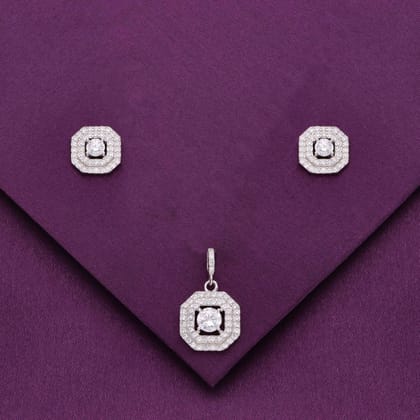 Sterling Classic Solitaire Pendant With Earrings Set-White Stone / Silver