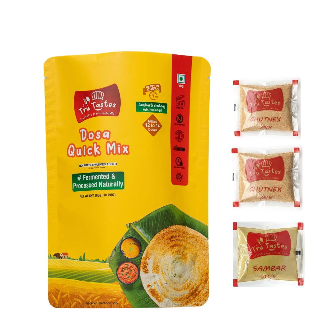 Tru Tastes Dosa Quick Mix with Sambar,Chutney and Penut Chutney, Fermented and Processed Naturally, Can Make 13 Dosas, Complete Breakfast Kit