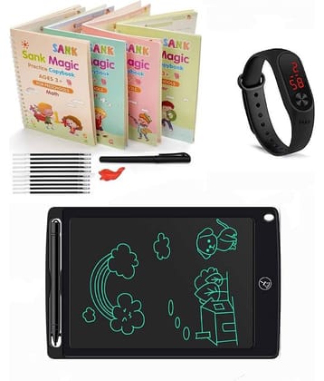 Combo Of 3 Pack - Sank Magic Practice Copy book & LCD Writing Tablet slate & LED Band Watch Digitel Multicolor By Vinay Book Store