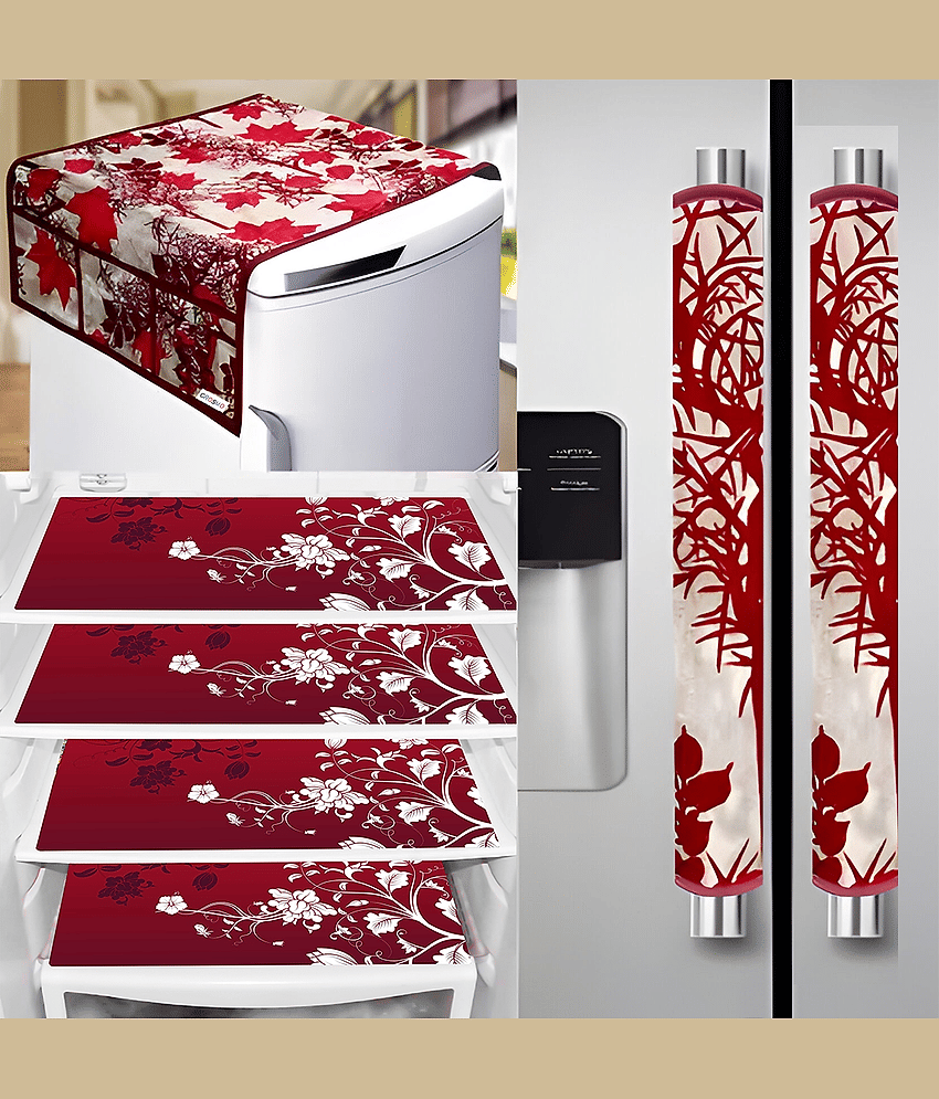 Crosmo Polyester Floral Fridge Mat & Cover ( 99 53 ) Pack of 7 - Red