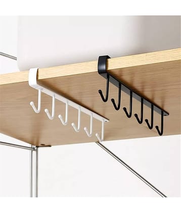 Under Cabinet Hanging Storage Rack with 6 Hooks for Kitchen Utensils, Mugs, Cups, Cutlery & Tools | Multipurpose Under Shelf Organizer for Wardrobe, Entryway, Bar Counter & Office | Space Saving Metal Hook Holder for Smart Home Organization & Easy Access