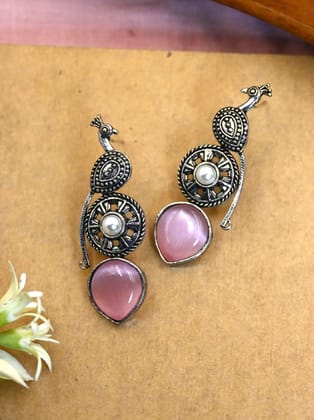 Oxidised Peacock Monalisa Stud Earrings for Elegant Office Wear | Sarichka-Pink