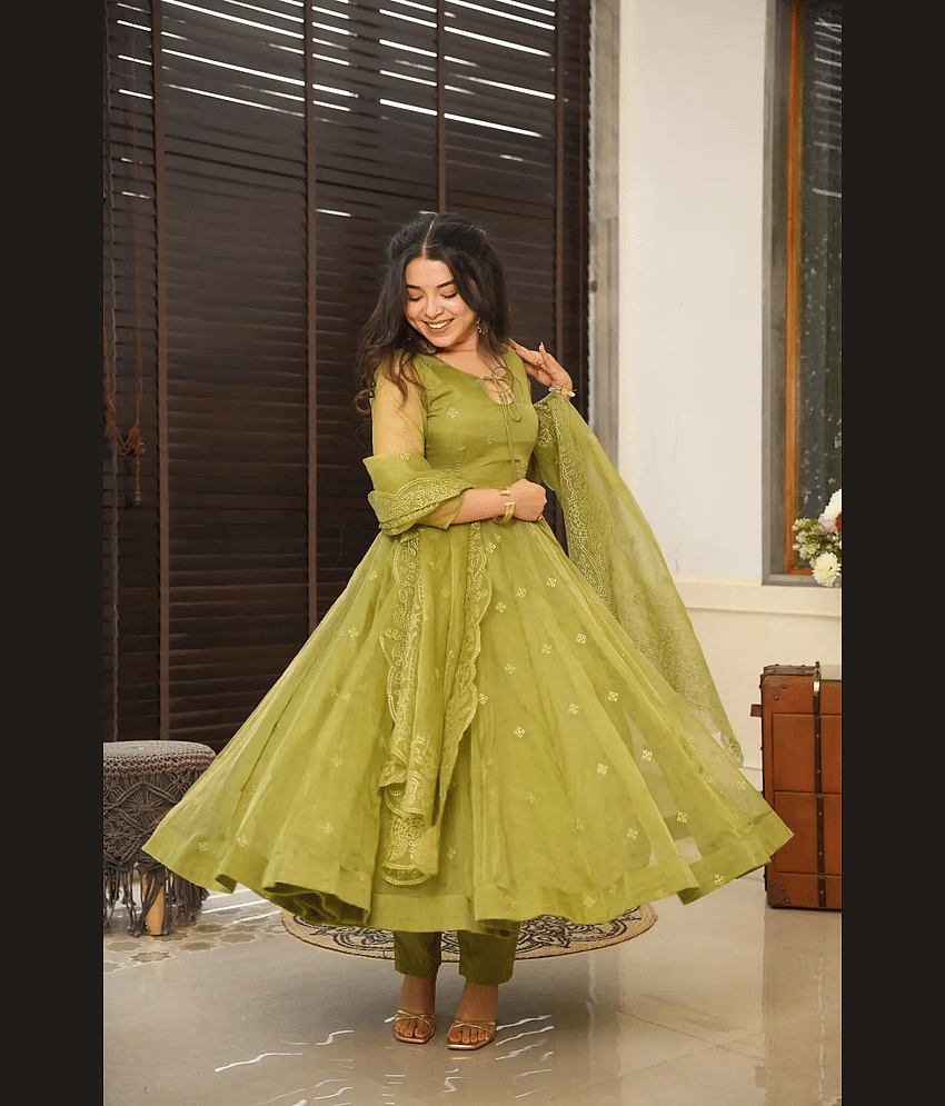 Estela Organza Embroidered Kurti With Pants Women's Stitched Salwar Suit - Green ( Pack of 1 )