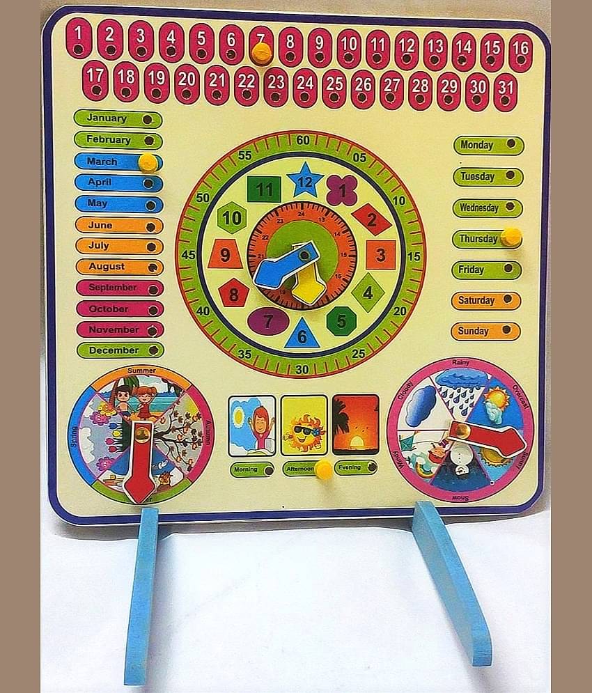 WOODEN LEARNING CALENDER CLOCK  (DAYS OF THE WEEK , MONTHS OF THE YEAR , WEATHER SEASON )  FOR KIDS PRE PRIMARY EDUCATION
