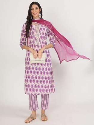 Purple Floral Printed Straight Kurta Pant Set-XS