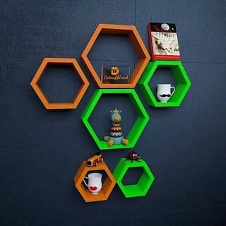 Onlinecraft Wooden Rack Shelf Wooden Wall Shelf (Number Of Shelves - 6, Orange, Green, Multicolor)