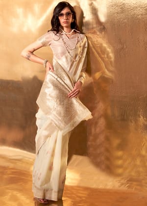 Off White Woven Linen Banarasi Silk Saree