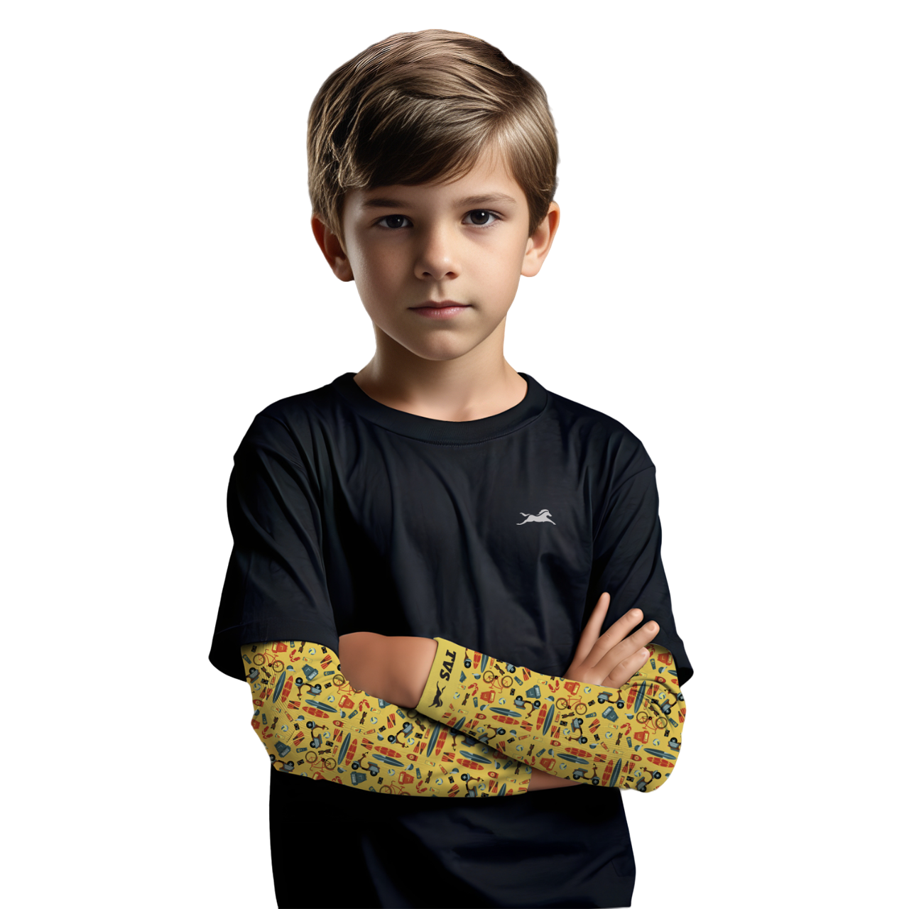 TVS Kid's AOP Arm Sleeves - Navy, 95% Polyester & 5% Lycra Spandex, Soft, Stretchable, Unisex, Free Size