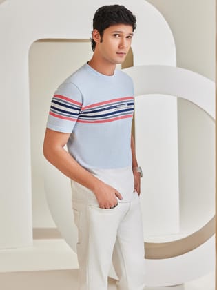 Blue Horizontal Striped Cotton T-Shirt-L / Blue