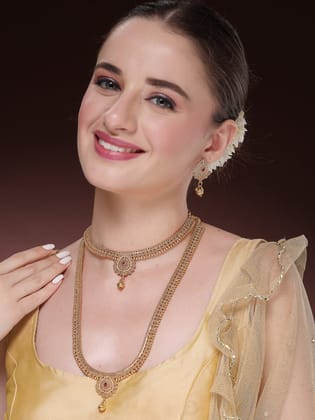 NVR Women's Set of 2 Gold-Plated Pink Stone Studded Jadau Jewellery Set-Onesize / Gold / Brass