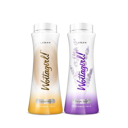 Layer'r Wottagirl Sandal Bliss | Purple Twist Perfumed Talc for women,100g combo | Pack of 2 Layer'r Wottagirl Sandal Bliss | Purple Twist Perfumed Talc for women,100g combo | Pack of 2