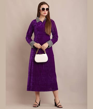 RAABTA FASHIION Women Velvet Solid A-line Dress ( Purple )
