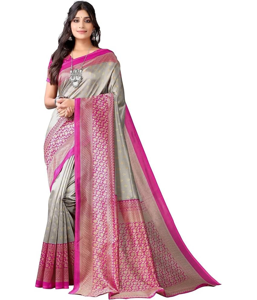 Kanooda Prints Art Silk Printed Saree With Unstitched Blouse Piece ( Beige )