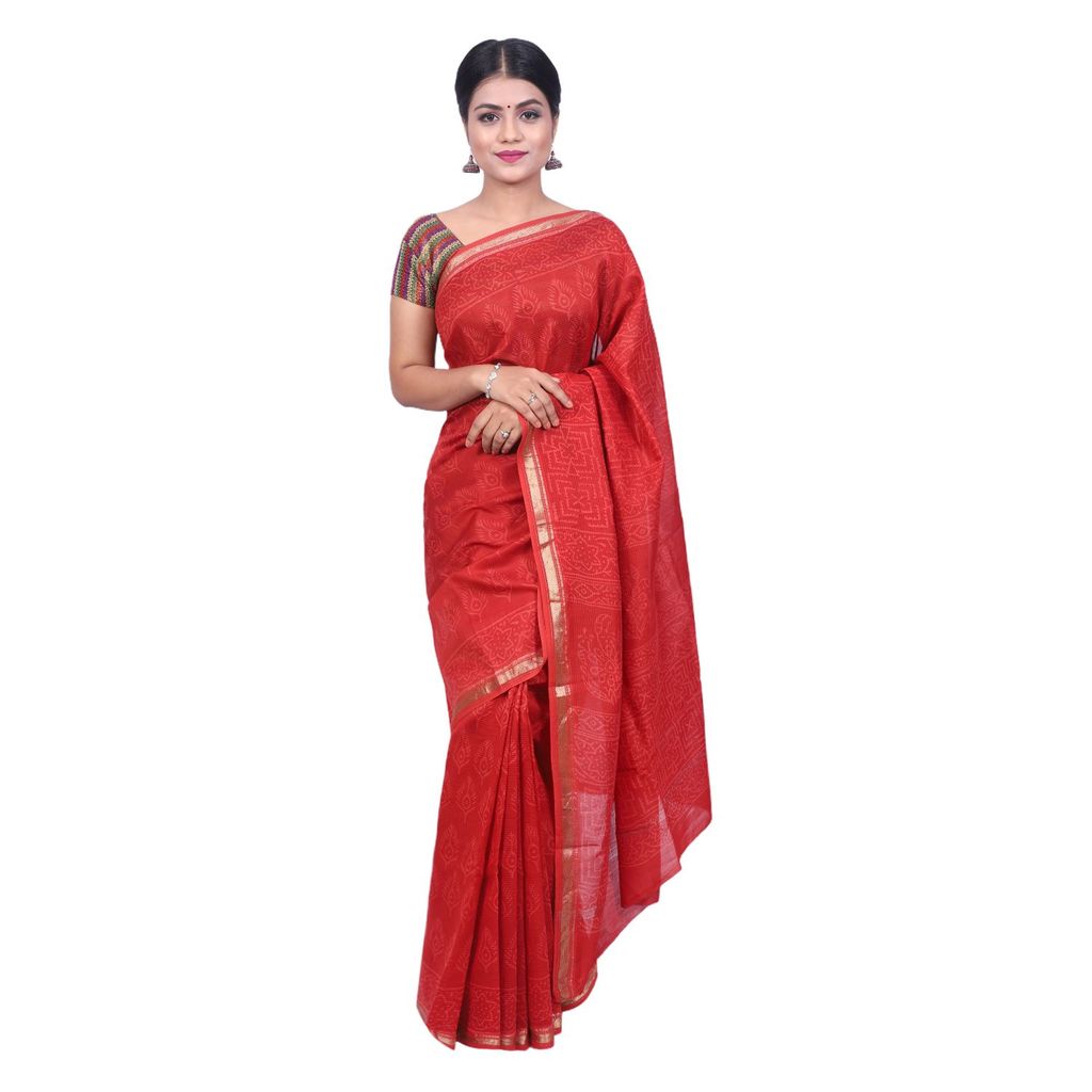 HANDLOOM MAHESHWARI SAREE- (COTTON+SILK MIX) WITH BLOUSE (SKU - 3I0102030422 SAREE- 100) - Sarees | Buy online on ZillyBuy