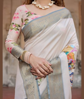 Almaari Fashion Cotton Silk Printed Saree With Unstitched Blouse Piece ( White )