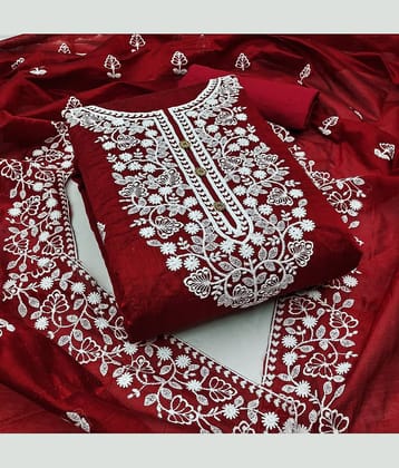 Rangtulika Ethnics Unstitched Cotton Embroidered Dress Material - Maroon ( Pack of 1 )