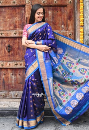 Rajsi~ Pure Silk Handloom - Maharani Paithani in a beautiful combination of Dark Blue with Turquoise (Available in Peacock Buttis with Meenawork)