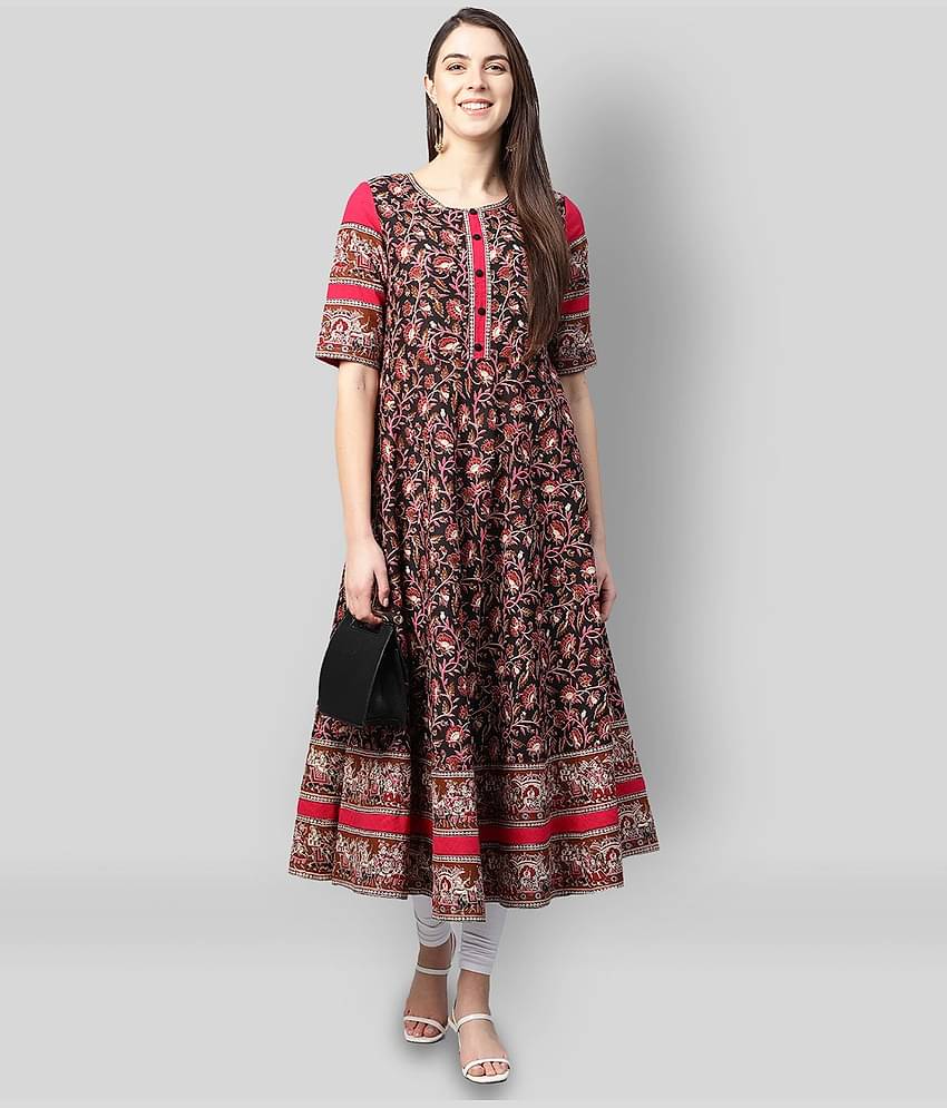 Yash Gallery Pack of 1 Cotton Printed Flared Women's Kurti - ( Black )