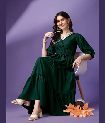 Femvy Women Crepe Solid Fit & Flare Dress ( Green )