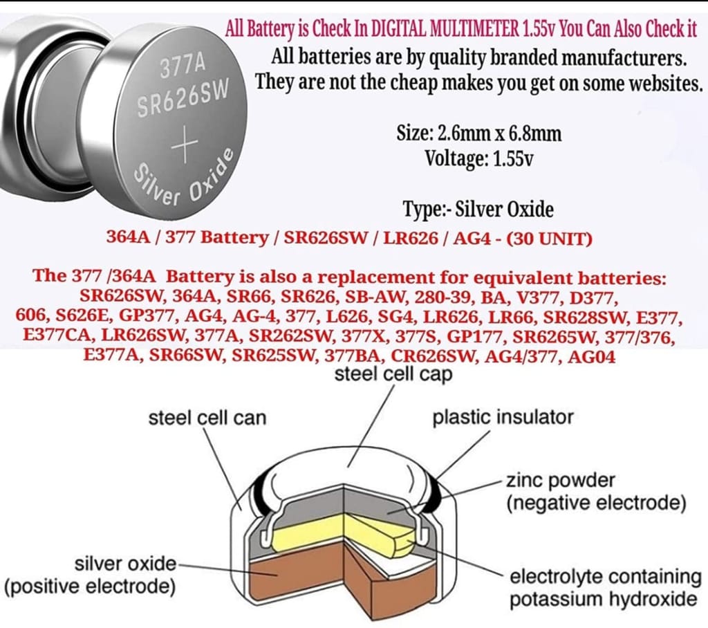 Exelent 50-Pack Sr626sw Universal Watch Battery Cells 364A, 376, 377A, SR626SW, LR626, 377, LR626, AG4, 1.5V Alkaline Button Batteries -Suitable Small Analog Watches (Pack of 50)