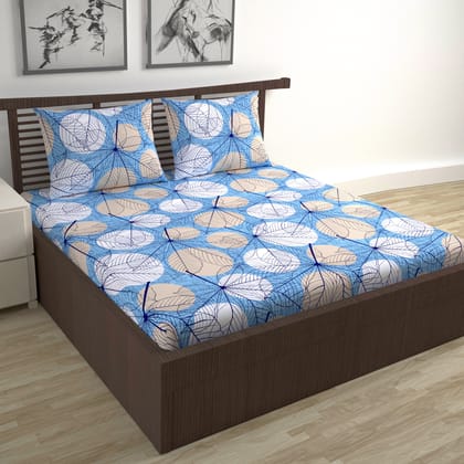 Floral Dry Leaf Double Bed Bedsheet-Double / Blue and Brown / CL1152