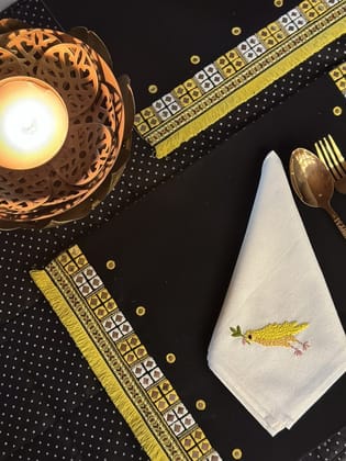 KRI India Reflect Taxi Festive Placemats Set|Set of 4 | Black with yellow threadwork  | Wash & Care | 100% Cotton | Handcrafted in India. 100% organic & natural.