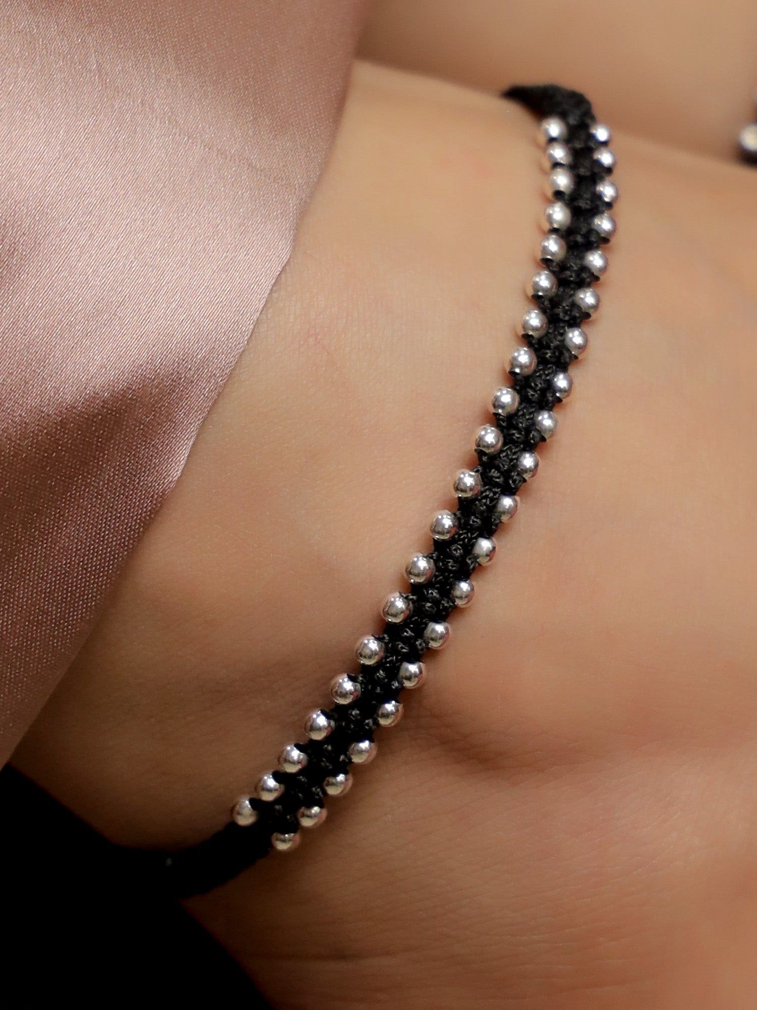 Dual-Tone Woven Metallic Bead Anklet | Pure 925 Silver-925 Silver